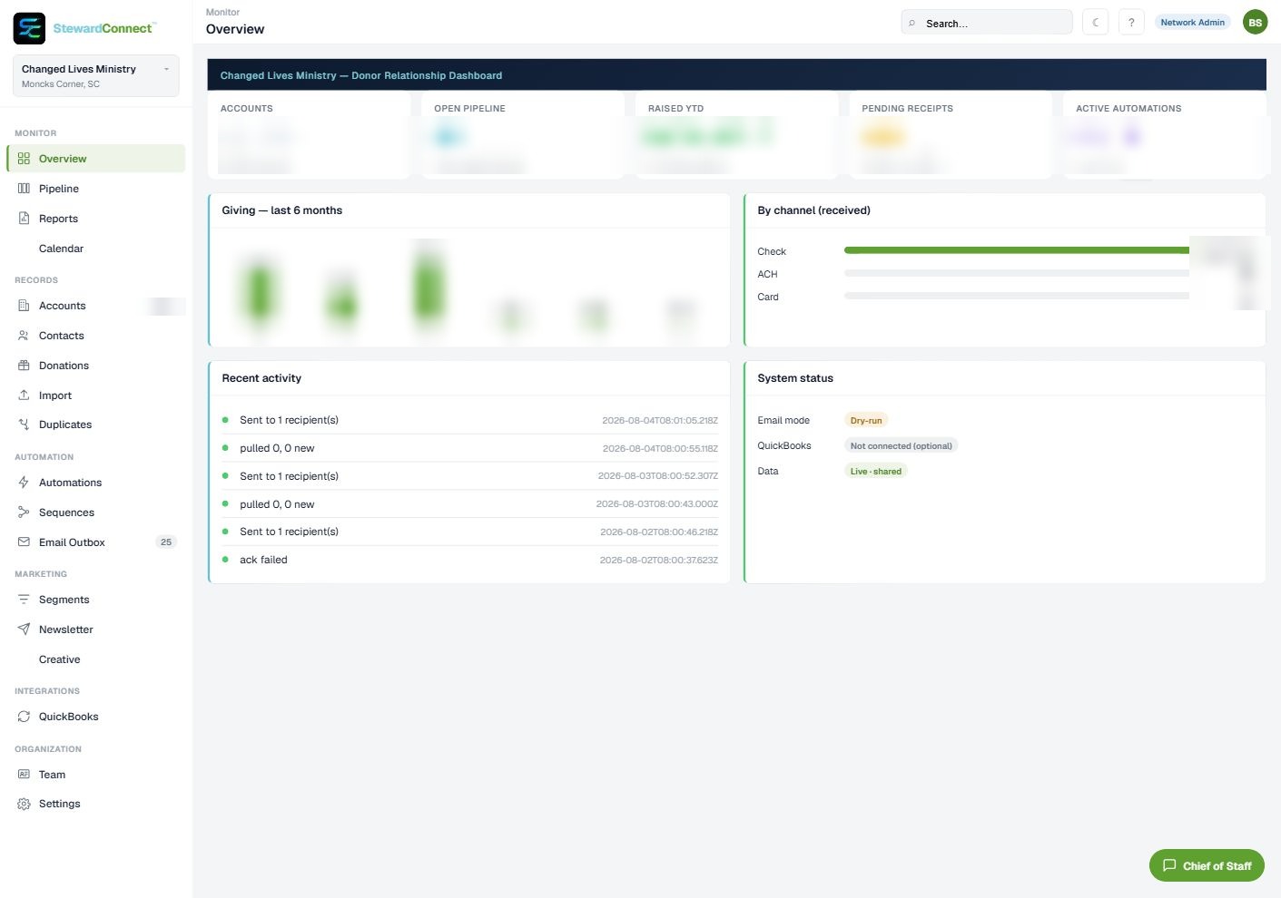 StewardConnect donor CRM interface