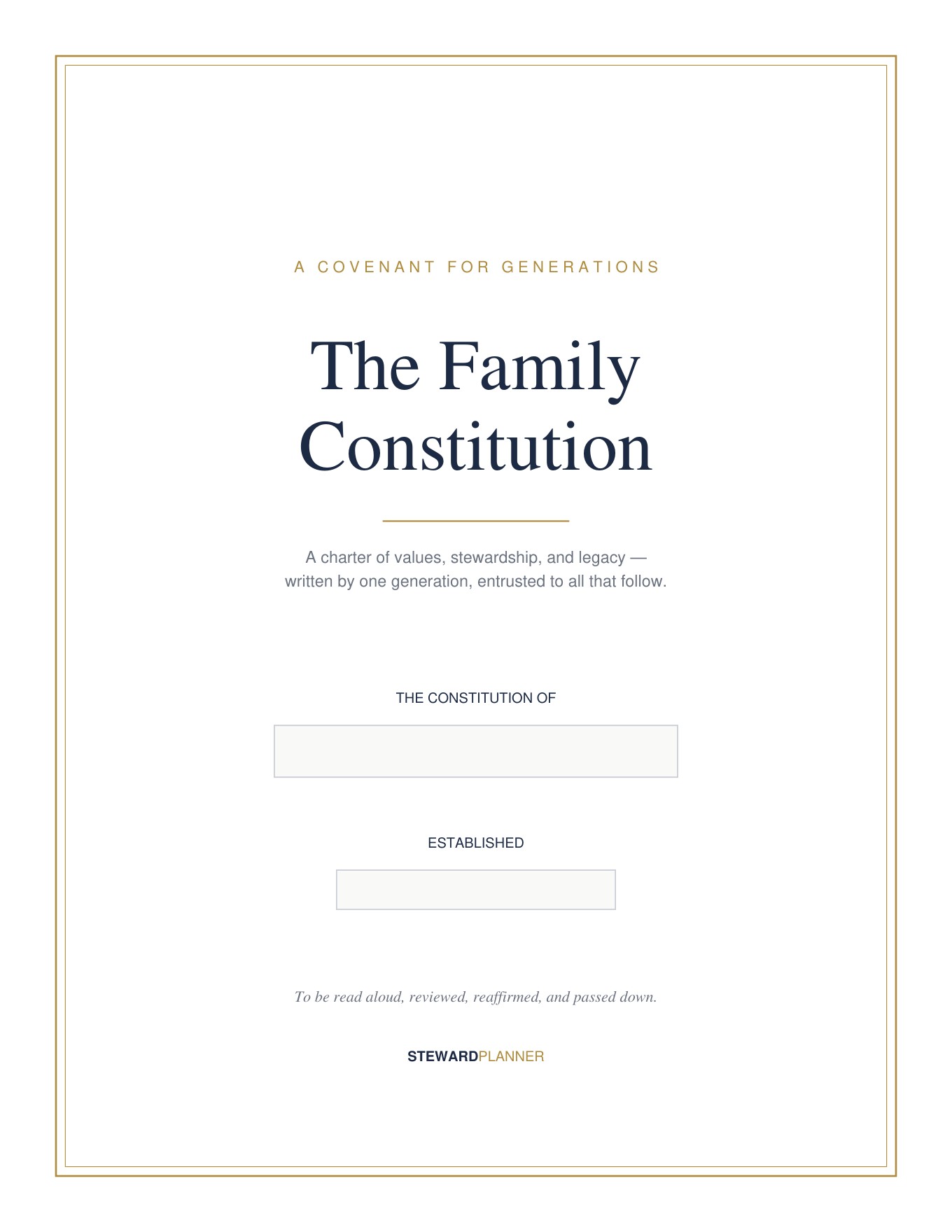 The Family Constitution cover page — a charter of values, stewardship, and legacy