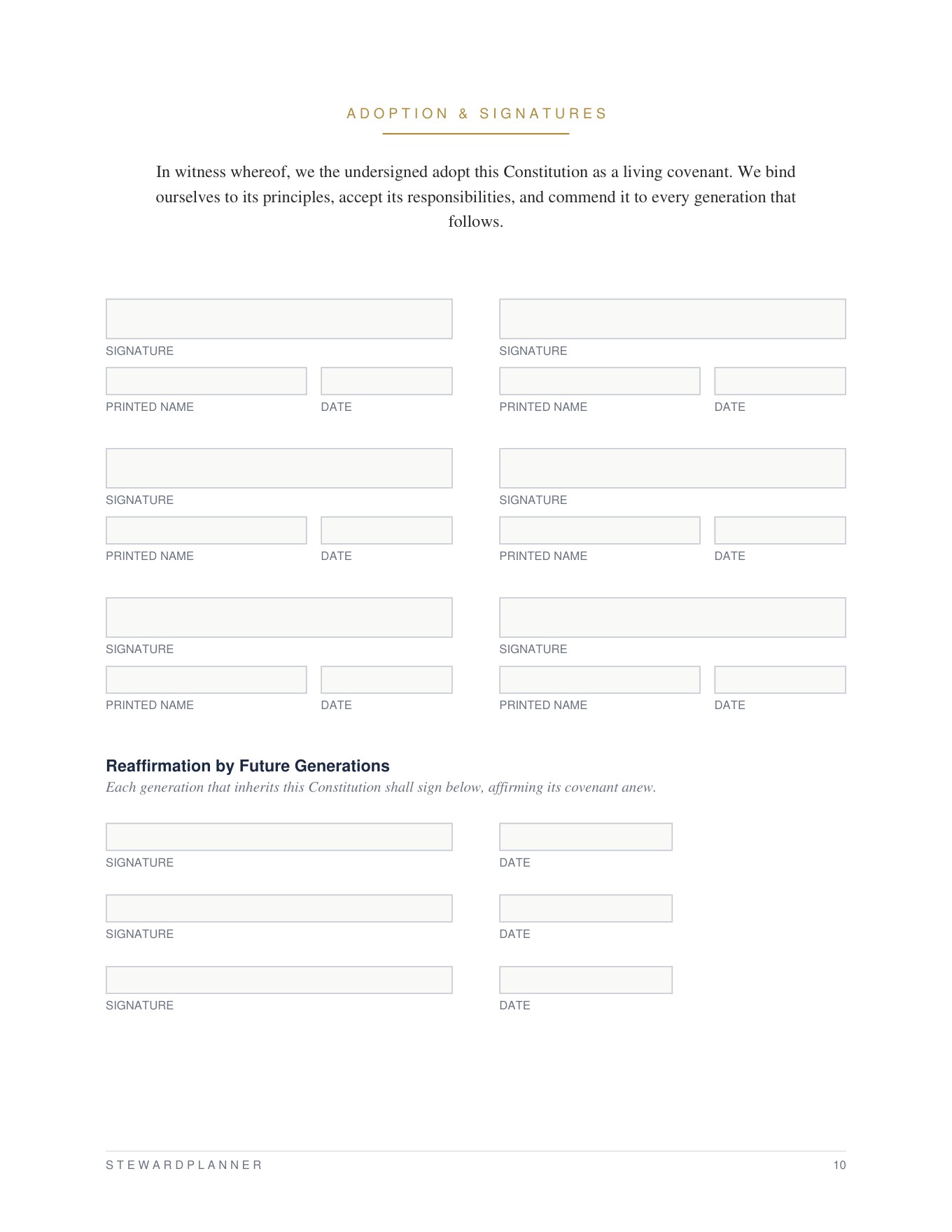 Adoption and signatures page, with reaffirmation lines for future generations