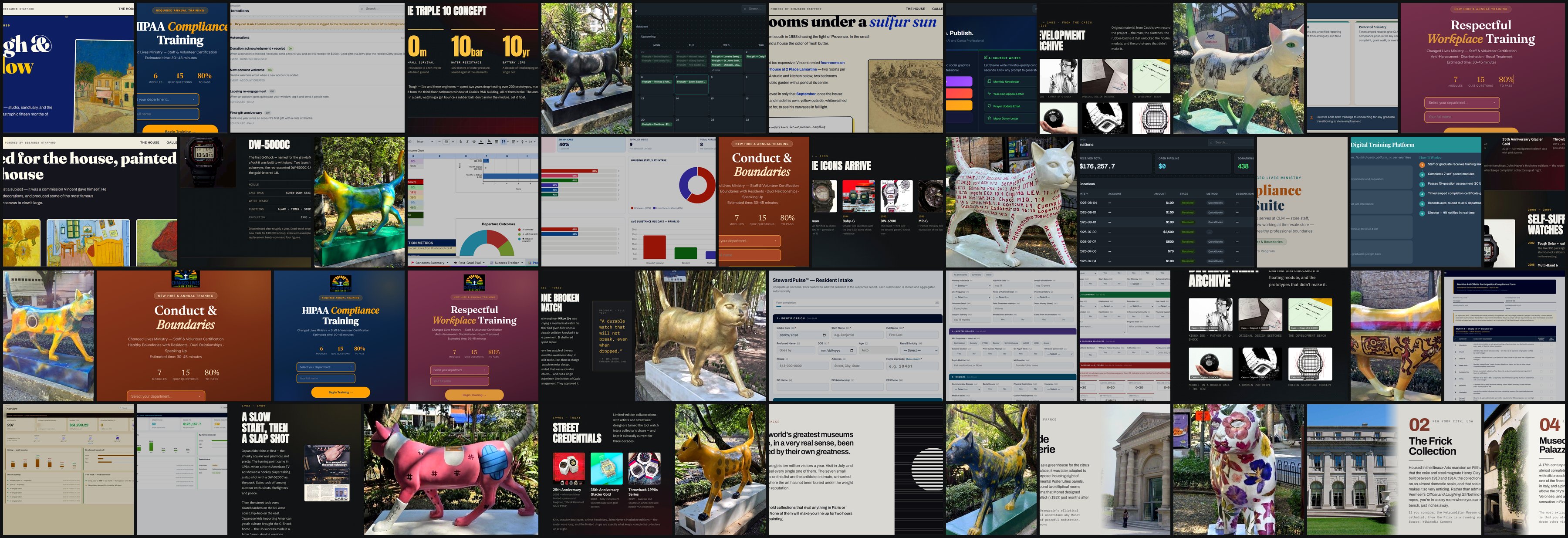 A combined contact sheet of the Cali Gato sculpture collection, editorial site builds, and Steward platform interfaces