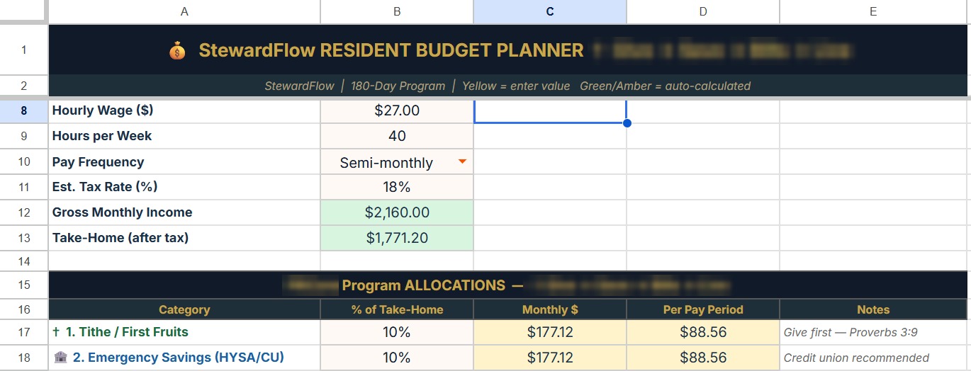 StewardFlow resident budget planner — auto-calculated allocations from take-home pay